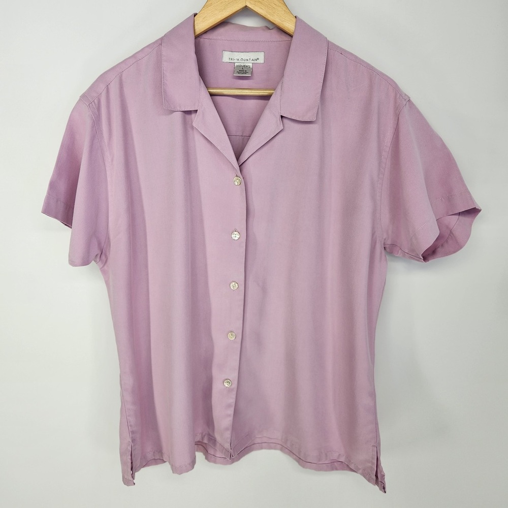 Tri-Mountain Womens Large pink Short Sleeve Button Down Polo Shirt L Vintage vtg